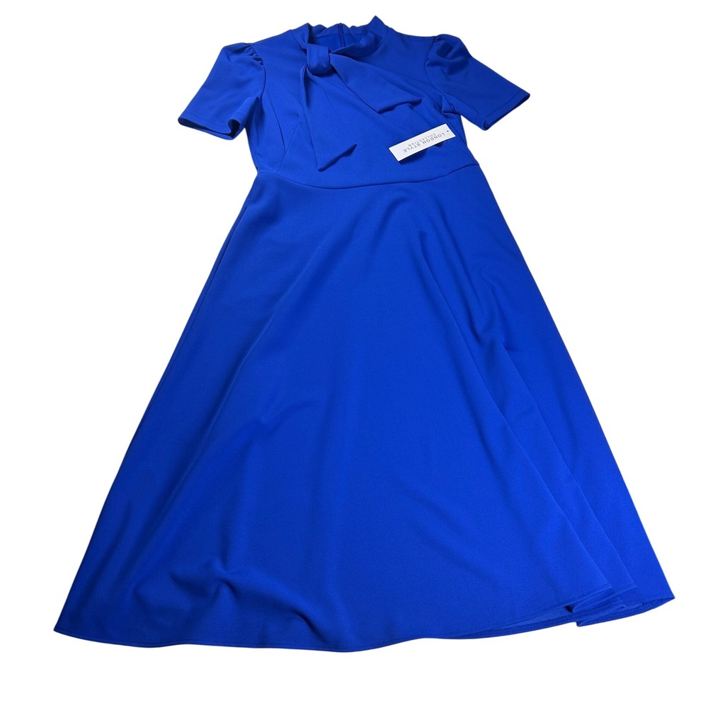 London Style Collection Cobalt Blue Bow Neck Short Sleeve Flare Dress Sz 10 NEW - Picture 13 of 13